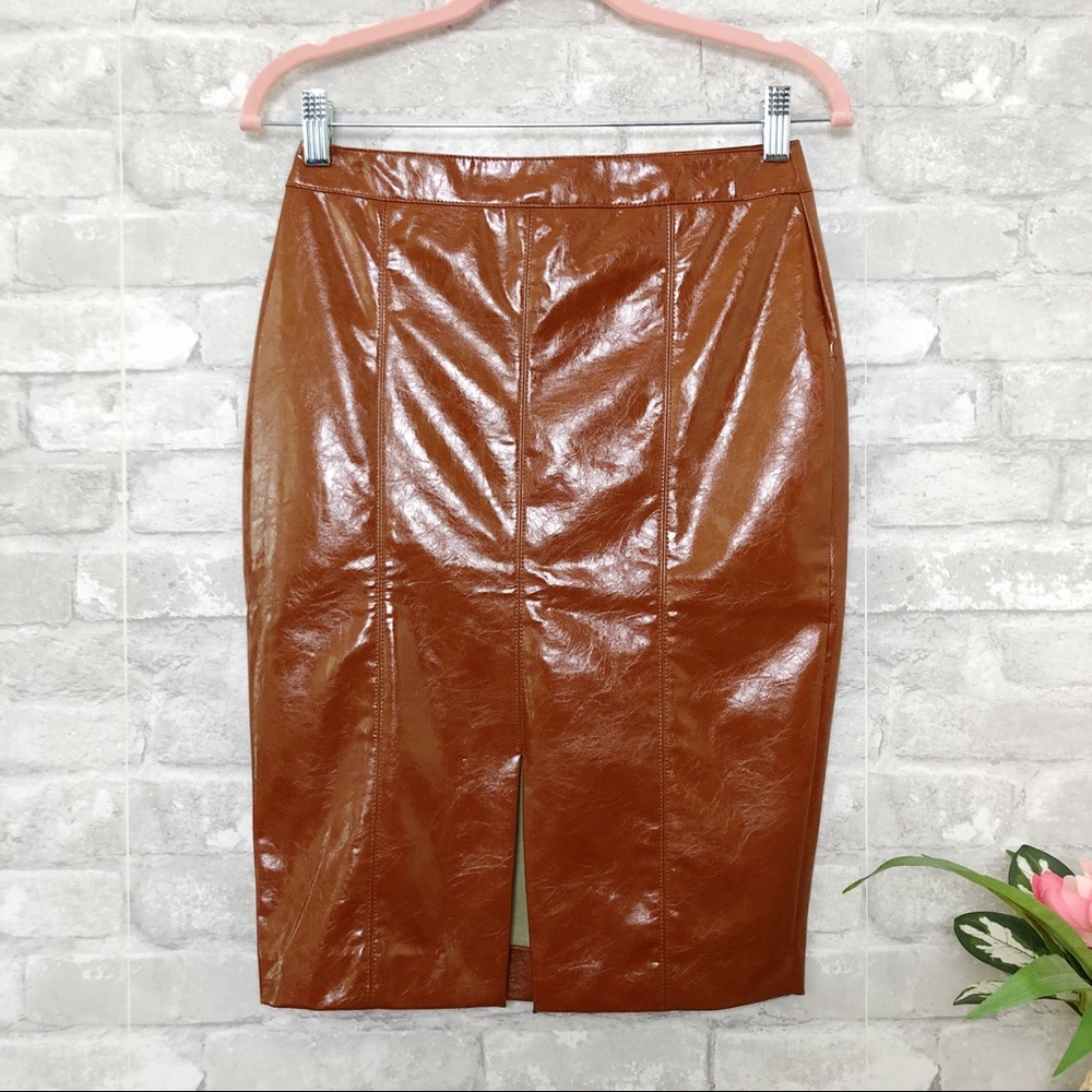 NWOT BISHOP + YOUNG Brown Vegan Faux Leather Pencil Skirt Size Small